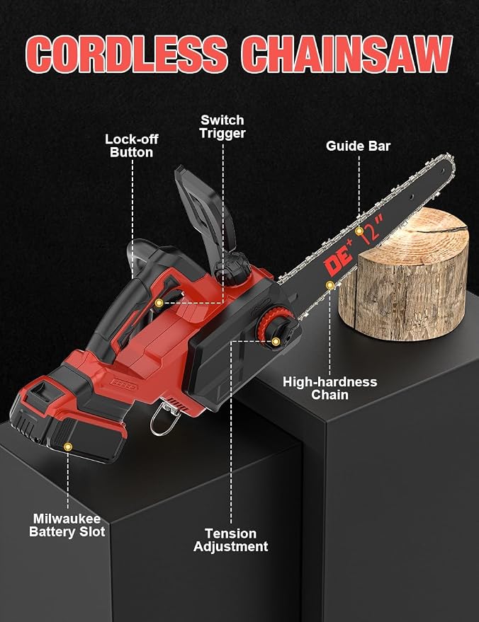 12 Inch Brushless Electric Chainsaw Cordless, for Milwaukee M18 Battery,44.3 FT/S Powerful Cutting Heavy Duty Chain Saw, Auto Oiler Low Kickback Battery Powered Chainsaw for Tree Trimming Wood Cutting