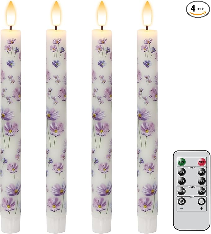 Purple Flowers Flameless Taper Candles with Remote Timer, LED Taper Candles Battery Operated Warm 3D Wick Flickering, Real Wax CandleSticks, Wedding Birthday Christmas Decor