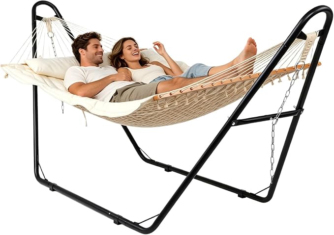 Double Hammock with Stand Adjustable Hammock Set for 2 Person Holds 550lbs, Include Dual-Spreader Bar, Pillow, Easy Setup, Free Standing hammocks for Outside, Patio, Yard, Garden (Beige)