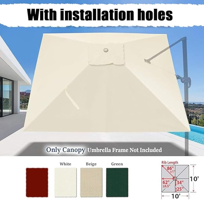 Patio Umbrella Replacement Canopy, 250x250cm Square Offset Umbrella Cover, 8 Rib Cantilever Umbrella Replacement Canopy for Outdoor Garden, Deck and Patio