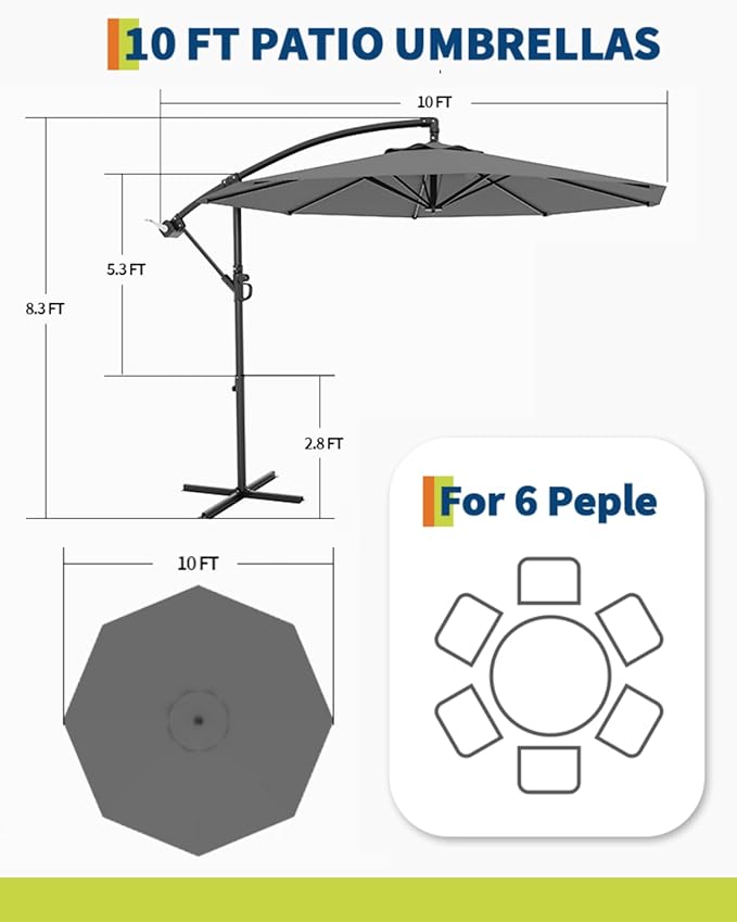 10FT Cantilever Patio Umbrella with Cross Base, Outdoor Offset Market Umbrella with Infinite Tilt and Crank Lift, Outside Umbrellas for Backyard Lawn Garden and Pool (Grey)
