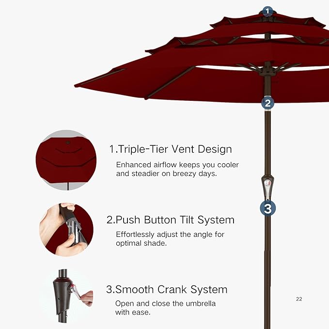 Kingdura 9ft 3-Tier Patio Umbrella, Outdoor Table Umbrella with Easy Crank & Tilt, 8 Reinforced Ribs, UV Protection for Deck, Pool, Market, Backyard (Dark red)