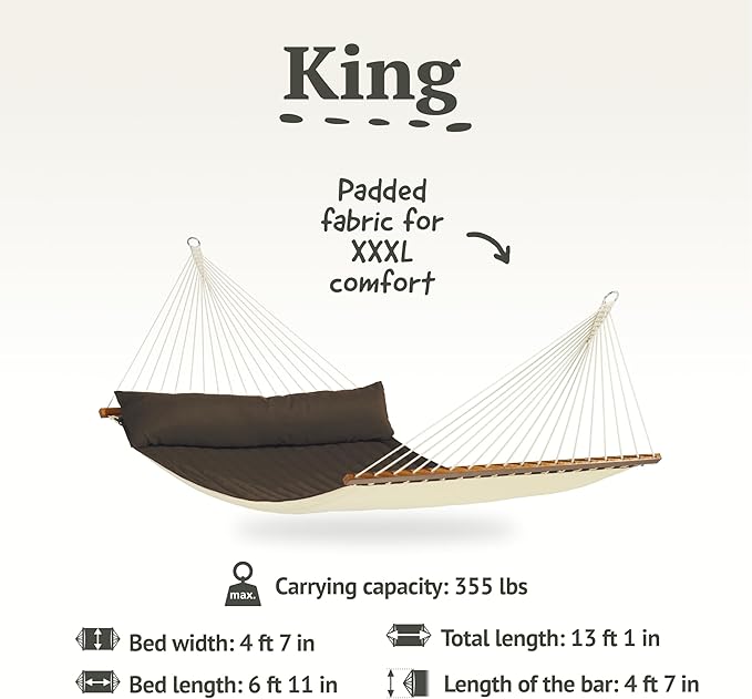 LA SIESTA® Alabama Quilted Hammock with Spreader Bar & TreeMount, Fabric Tree Hammock with Tree Straps for Beams Posts - Weatherproof Outdoor Hammock - 2 Person Double Hammock Bed - XL King, Arabica