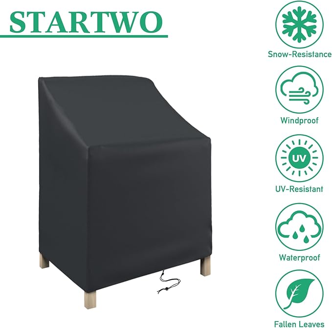 STARTWO Stackable Patio Chair Covers,Waterproof Outdoor Lawn Furniture Cover for for 4-6 Stackable Dining Chairs, 25"Lx25"Wx47"H,Black