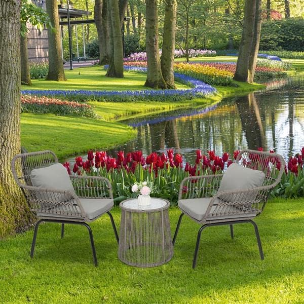 Guest Patio Wicker Conversation Bistro Set Great by The Pool Comfortable Rattan Chair Conversation Sets with Tempered Glass Table