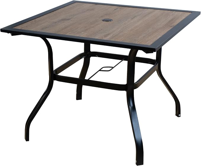 Kozyard 37" Square Outdoor Dining Table for 4, Patio Table with Umbrella Hole, Heavy Duty Steel Frame & Wood-Look Top, Weather Resistant Patio Table for Backyard, Balcony, Garden Black
