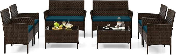 Tangkula 8 Piece Patio Rattan Conversation Set, Outdoor Wicker Furniture Set with Chair, Loveseat & Tempered Glass Table, Cozy Seat Cushions, Outside Sectional Sofa Set for Backyard (2, Peacock Blue)