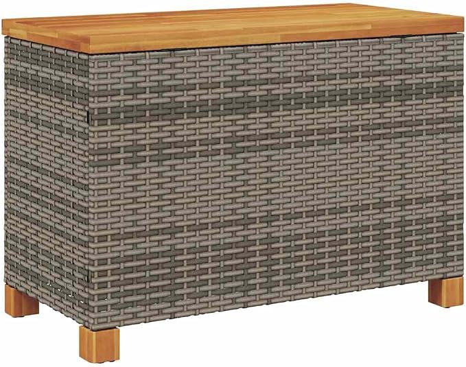 Patio Storage Box Gray 31.5x15.7x18.9 Inch PE Rattan Storage Bench with Acacia Wood Top and Waterproof Bag for Cushions, Pillows, Blankets