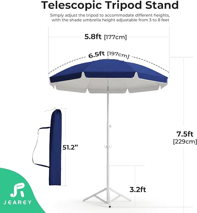 JEAREY 6.5ft Sun Shade Umbrellas, Portable Umbrella with Stand, Lightweight Sun Protection Free Standing Sport Umbrella for Outdoor Sports, Camping, Fishing, Patio, Beach, Royal Blue