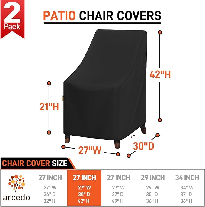 Arcedo High Back Patio Chair Cover 2 Pack, Waterproof Outdoor Weatherproof Chairs Covers for Stackable Dining Furniture Seating - 27”W x 30”D x 42”H, Black