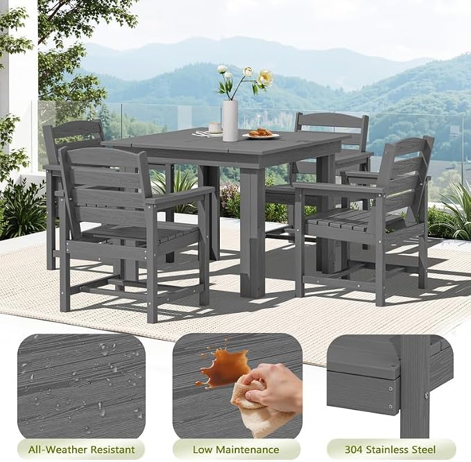 KINGYES HDPE Outdoor Dining Set for 4 with Umbrella, 6-Piece Square Patio Table & Armchairs, All-Weather for Backyard, Garden, Lawn & Poolside, Gray