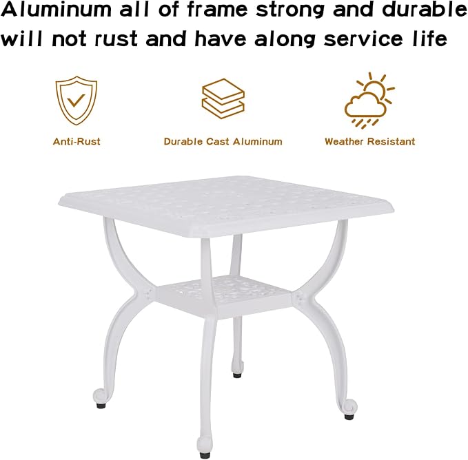 YKSY&YKSY Jardin DE Centennial Cast Aluminum Outdoor Side Table,Anti-Rust Outdoor End Table,Patio Coffee Bistro Table for Indoor,Garden,Porch,Balcony(Square White) 1
