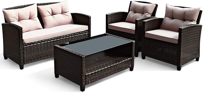 HAPPYGRILL 4-Piece Patio Conversation Set Rattan Wicker Chair Furniture Set with 1 Loveseat, 2 Single Sofas, 1 Coffee Table, Outdoor Indoor Furniture Sets for Backyard Porch Garden Poolside Balcony