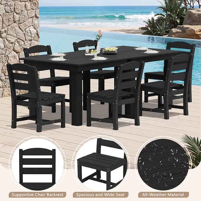 KINGYES 8-Piece HDPE Outdoor Dining Set for 6, Square Patio Table & Armless Chairs with Umbrella Hole, All-Weather Patio Dining Set for Backyard, Garden, Lawn & Poolside, Black