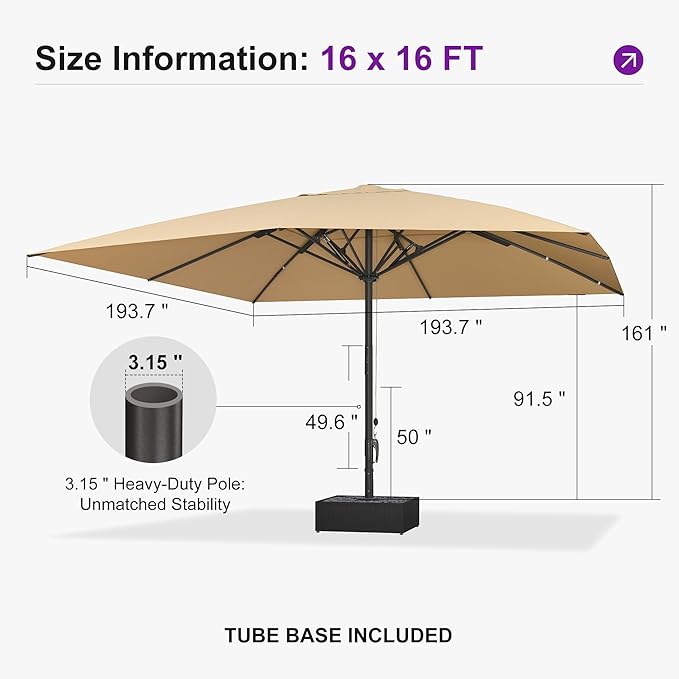 PURPLE LEAF 16' x 16' Square Semi-Auto Outdoor Patio Umbrella Aluminium Market Umbrella Table Sun Umbrella with 3.15" Rod and 8 Sturdy Ribs for Deck Lawn Pool Garden, Beige