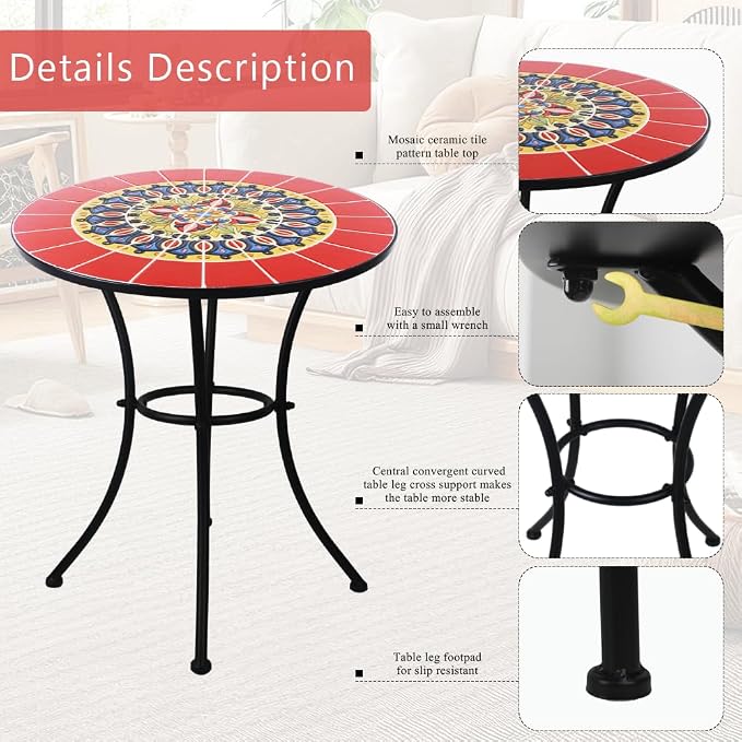 24 Inch Mosaic Patio Round Side Table with Ring Curved Legs Indoor and Outdoor Accent End Table for Yard, Garden, Living Room, Bistro, A - Red Mandala