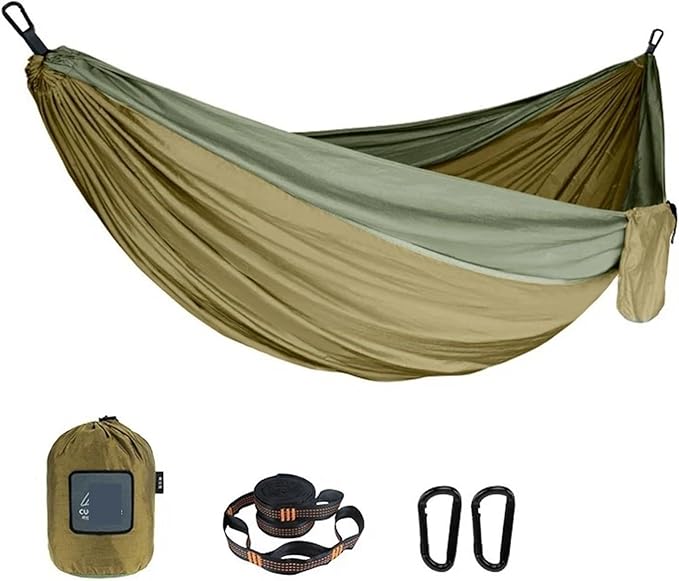 Hammock Portable Nylon Parachute Fabric Single and Double Size Outdoor Camping Hiking Garden Hammock Quick-Opening(Double Brown Green 2)