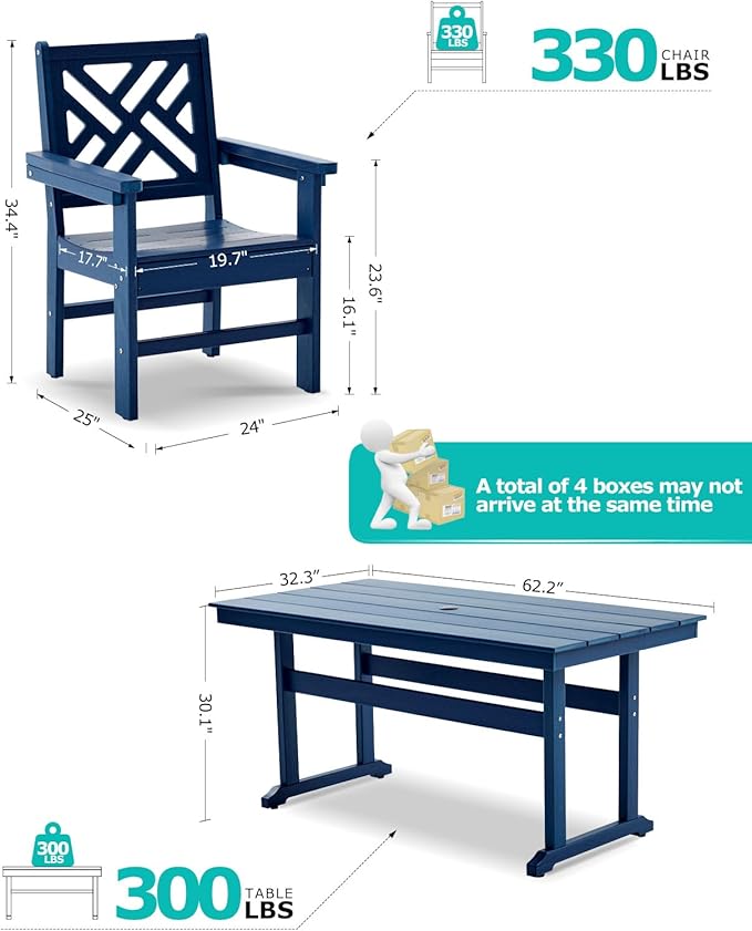 7 Piece HDPE Outdoor Dining Set for 6, Patio DHPE Furniture Set with Umberlla Hole, Weather Resistent Outdoor Table and Chairs for Garden, Poolside, Backyard, Deck, Blue