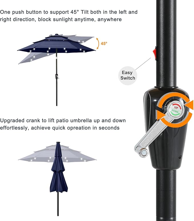 ABCCANOPY 10FT Solar Led Patio Umbrella 3-Tiers(Navy Blue)