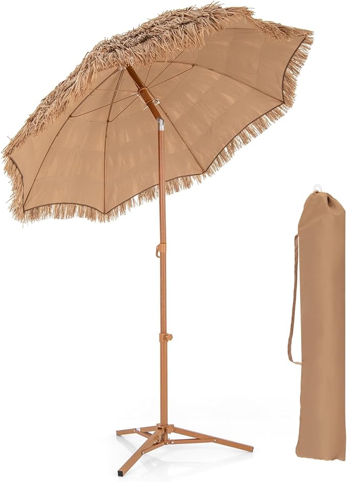 RELAX4LIFE 6.5FT Tiki Patio Umbrella with Base - Hawaiian Style Tilt Beach Umbrella w/8 Ribs, Foldable Stand, Carry Bag, Tropical Palapa Grass Pool Umbrellas, Hula Thatched Tiki Umbrella Outdoor Patio