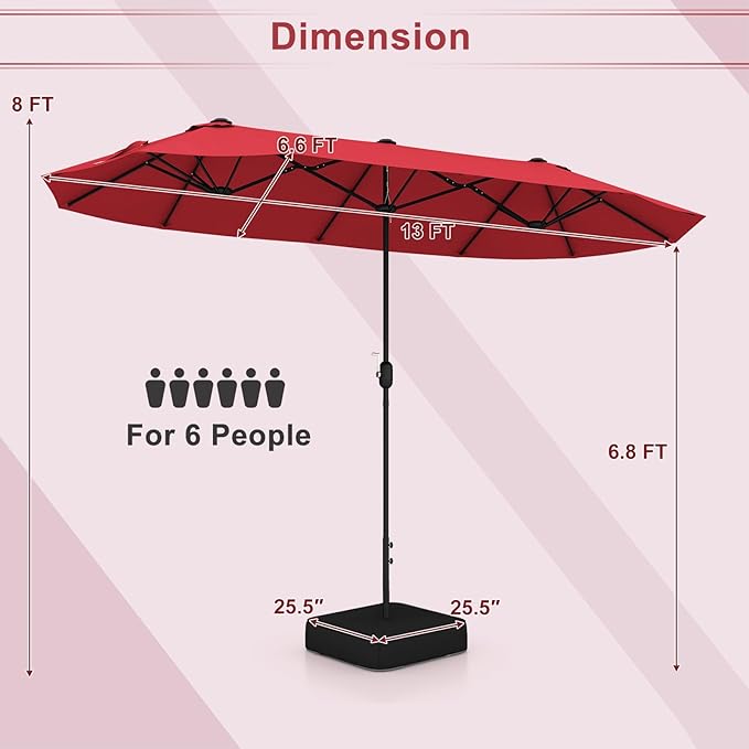 Giantex Patio Umbrella with Base, Double-Sided Outdoor Umbrella with Crank Handle, Umbrella Base Stand with 2 Sandbags, 12 Metal Ribs, Market Umbrellas for Garden Poolside Deck