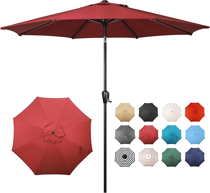 Sun-Ray 9' Round Patio Umbrella with Push-Button Tilt and Hand Crank Lift System, Market Umbrella for Porch, Deck, and Patio