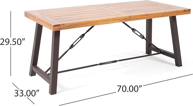 Acacia Wood Outdoor Dining Table Metal Base Teak Color Durable All-Weather Design Ideal for Patio Garden and Backyard Use