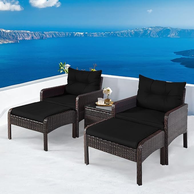 HAPPYGRILL 5 Pieces Patio Furniture Set Outdoor Rattan Wicker Conversation Set with Coffee Table Cushioned Sofas and Ottoman Chat Set for Garden Backyard