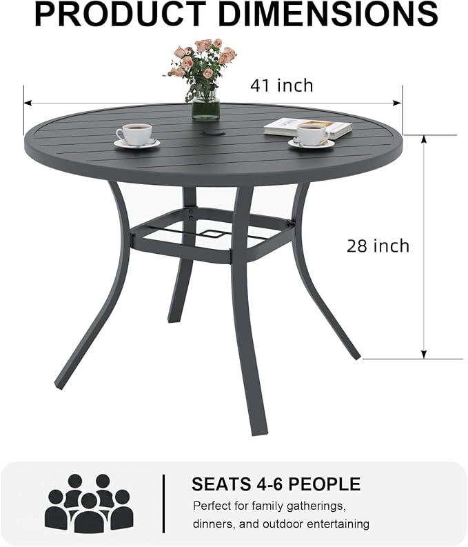 Anmutig Round Outdoor Dining Table, 41-inch All-Weather Patio Table with Adjustable Umbrella Hole for Deck Lawn Garden Backyard Balcony Deck, Black Metal Frame Slatted Tabletop