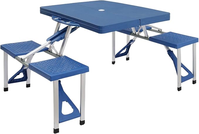 Picnic Table,Folding Picnic Table with Umbrella Hole, Aluminum Suitcase Portable Outdoor Table with Bench, Patio, Porch or Camping Table and Chair Set (Blue, Plastic PS Thickened)