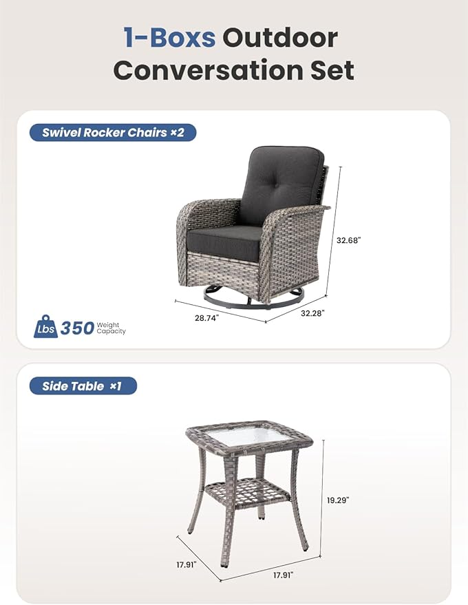 3-Piece Outdoor Patio Furniture Set with Swivel Chairs, Outdoor Conversation Wicker Sofa with Coffee Table, Rattan Couch for Deck Yard Poolside, Black