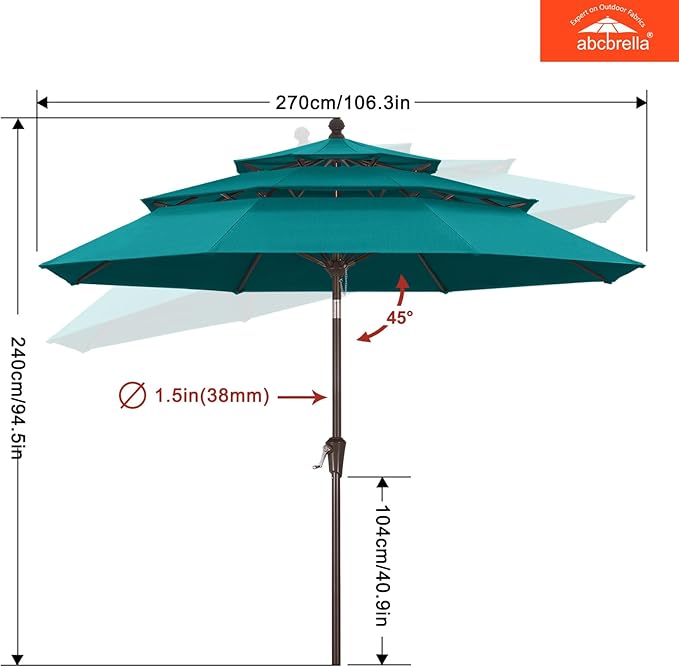 ABCCANOPY 5-Year 10-Year No Fading 9FT 3 Tiers Patio Umbrella, Outdoor Table Umbrella with 8 Sturdy Ribs for Deck, Backyard, Garden, Yard