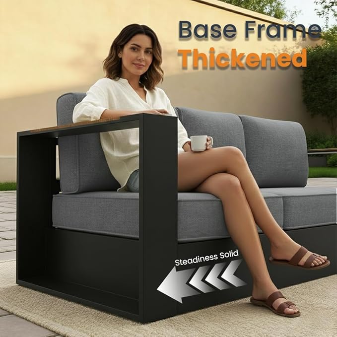 Aluminum Patio Furniture Set, 7 Seats Luxury Seating Furniture with 42" Fire Pit Table, All Weather Outdoor Conversation Sets with 6" Thickened Cushions