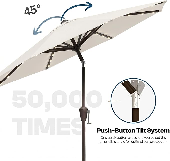 10FT Solar Lighted Patio Umbrella, Outdoor Table Market Umbrellas with Push Button Tilt and Crank, 32 LED Lights, 8 Sturdy Ribs, UV-Resistant for Deck, Garden, Pool