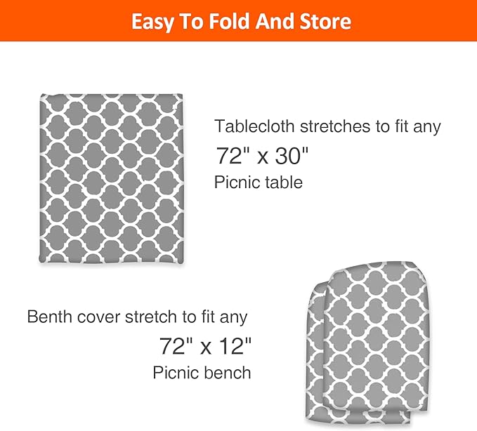 KENOBEE 6ft Picnic Table and Bench Cover, Camping Essentials RV Gear, 72in Waterproof Windproof Outdoor Elastic All Around Tablecloth, Fitted Rectangle Tables and Seats, Gray-White Moroccan