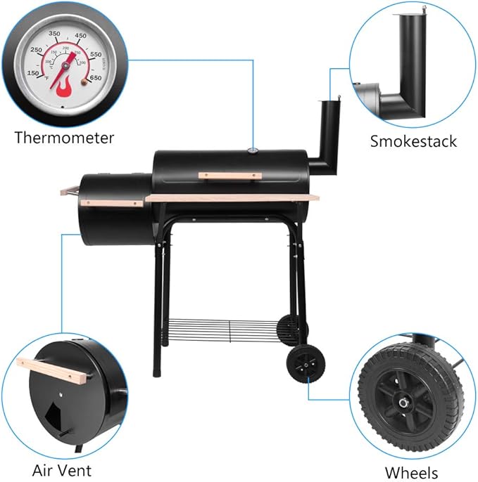 Karl home Charcoal Grill Offset Smoker, Charcoal Barbecue Grills with Spacious Cooking Area, Barrel BBQ Grill and Smokers Combo for Outdoor Balcony Picnics Party Camping