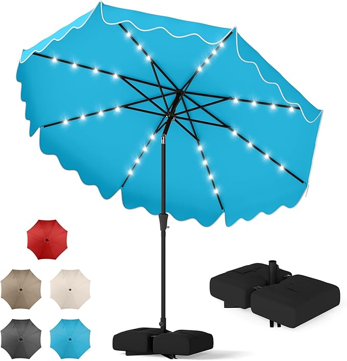 Tangkula 10 FT Solar Patio Umbrella with Base Included, 2-Tiers Outdoor Scalloped Table Umbrella with 32 LED Lights, 2 Sandbags, Tilt Adjustment, Crank, 8 Ribs for Market Backyard Pool Deck Beach Lawn (Turquoise, 10 FT)