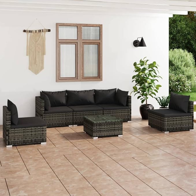 6 Piece Patio Lounge Set with Cushion, Outdoor Patio Sectional Patio Lounge Set Piece Patio Set Furniture Conversation Sets s Poly Rattan Gray