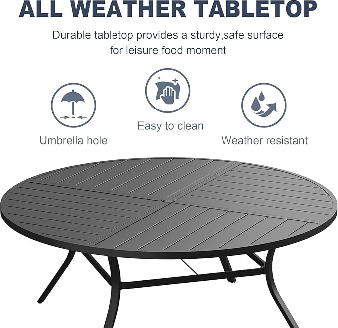 VICLLAX 11 Pieces Patio Outdoor Dining Set, 60" Large Round Metal Table with Umbrella Hole and 10 Stackable Textilene Chairs for Patio, Lawn, Garden, Porch, Black/Red