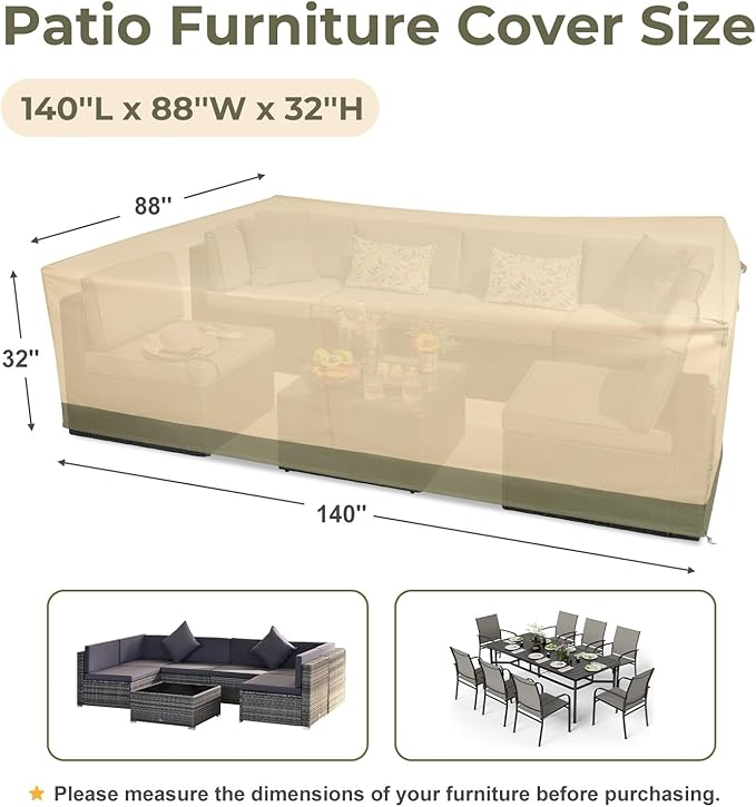 BPS Patio Furniture Cover for Outdoor Table and Chairs, 600D Waterproof and Anti-UV Patio Sectional Set Cover for Outside General Purpose Furniture, 140''L x 88''W x 32''H