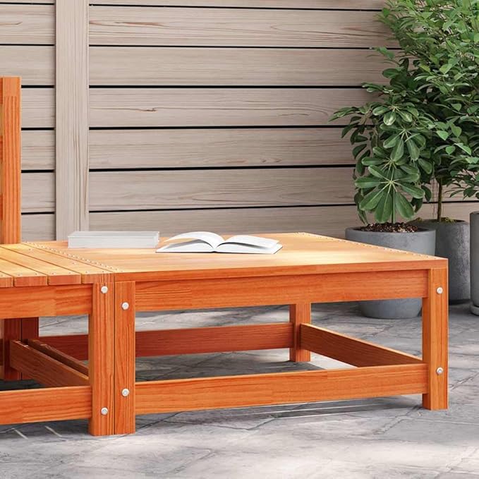 Solid Pine Outdoor Ottoman Coffee Table 27.6x27.6x11.8 in, Rustic Wax Brown Square Footstool, Durable Seating, Side Table for Patio Couch, Garden, Balcony, Backyard Living