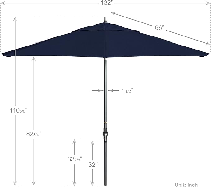 California Umbrella 11Ft Fiberglass Rib Patio Umbrella, Hand-Crank, Tilt-Collar, Gray Frame, Solution Dyed Navy Fabric