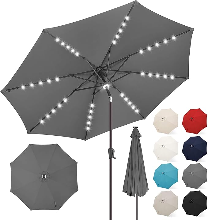 FLAME&SHADE 9 FT outdoor umbrella with 40LED lights, solar light patio umbrella with Centre Surround Light, Table Market Umbrella Outdoor Patiofor Deck, Pool, Backyard, Garden (Anthracite)