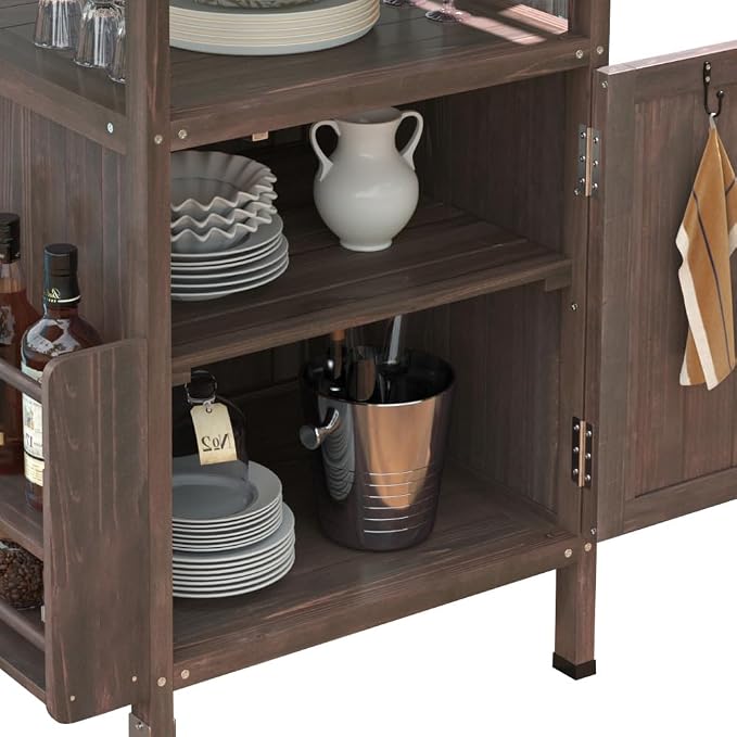 Outdoor Grill Cart with Stainless Steel Top, Solid Wood Outdoor Storage Cabinet with Drop Leaf, One Drawer, Towel Rack, Rolling Kitchen Cart with Lockable Wheels for Lawn Garden (Brown@072)