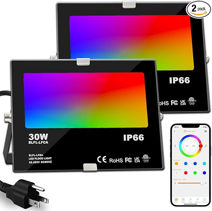 ILC LED Flood Light 30W Outdoor RGB Color Changing, Smart Floodlights RGBW 2700K Warm White & 16 Million Colors, 20 Modes, Grouping, Timing, IP66 Waterproof (2 Pack)