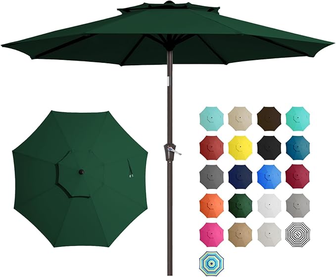 JEAREY 9' 2-Tiers Patio Umbrellas Outdoor Table Market Umbrella w/Push Button Tilt/Crank, 8 Sturdy Ribs, UV Protection Waterproof Sunproof(Dark Green)