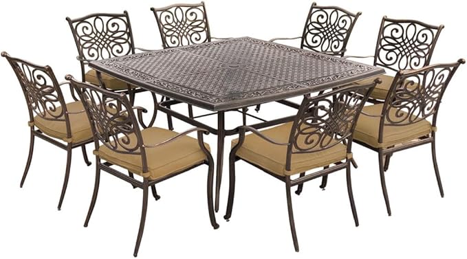 Hanover Traditions 9-Piece Patio Dining Set with 60" Square Cast-Top Dining Table and 8 Chairs with Tan Cushions, Modern All Weather Outdoor Dining Set with Rust-Resistant Aluminum Frames for Backyard
