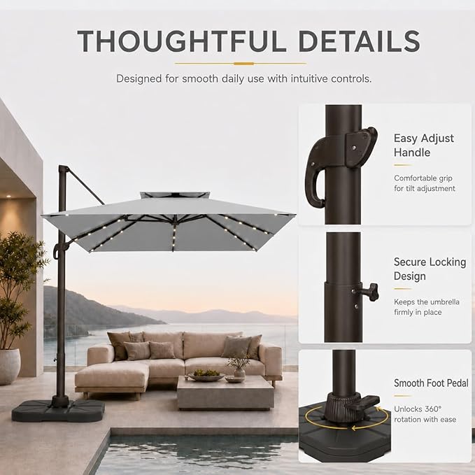10FT Cantilever Patio Umbrella with Solar Lights, Large Outdoor 2 Tier Aluminum Offset Square Umbrellas 360 Degree Rotation for Garden Deck Pool