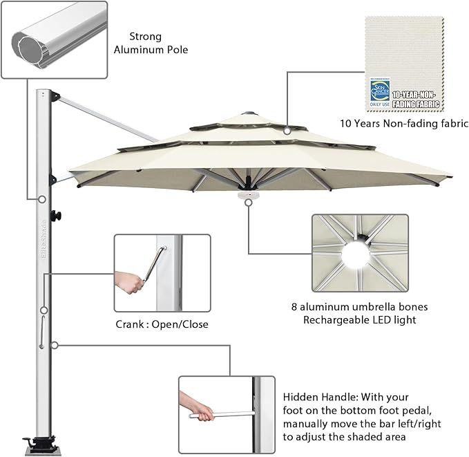 EliteShade USA APOLLO 3-Tier 11FT Full Aluminum Cantilever Patio Umbrella for Outdoor restaurant Garden Courtyard Deck Pool and Marketing with Light,Natural