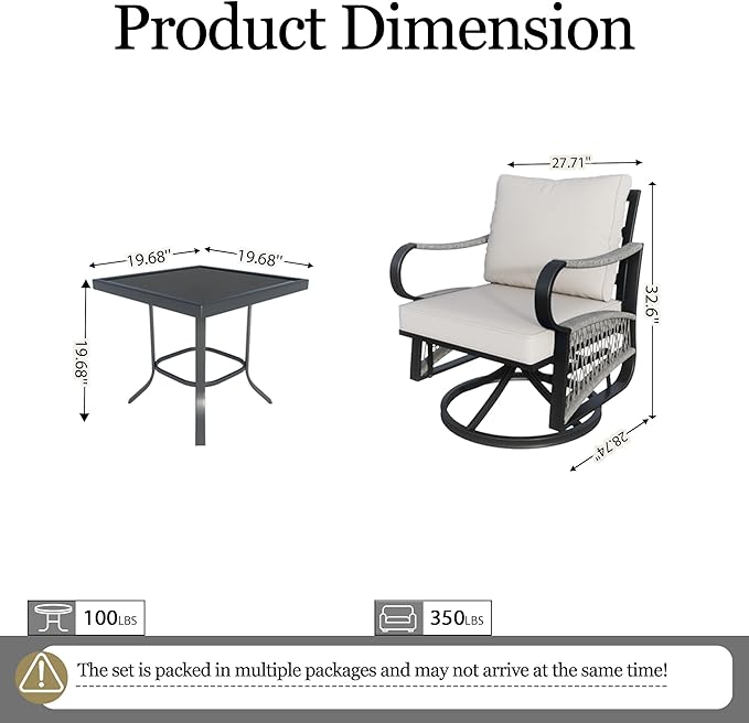 3 Pieces Outdoor Furniture Set, Metal 360° Swivel Rocking Chairs Bistro Sets, Patio Conversation Set with Side Table for Deck, Porch, Garden, Backyard, Poolside (Beige Cushions)